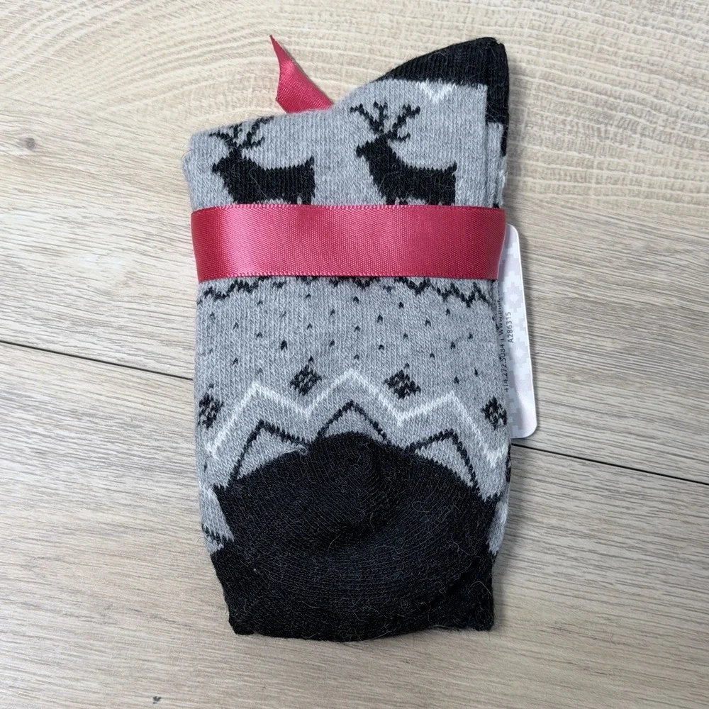 MUK LUKS Womens Crew Socks Gray Black Reindeer Fair Isle Christmas Holiday NWT